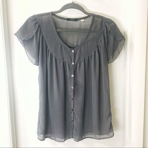 UO Lux Sheer Flutter Sleeve Button Down Blouse